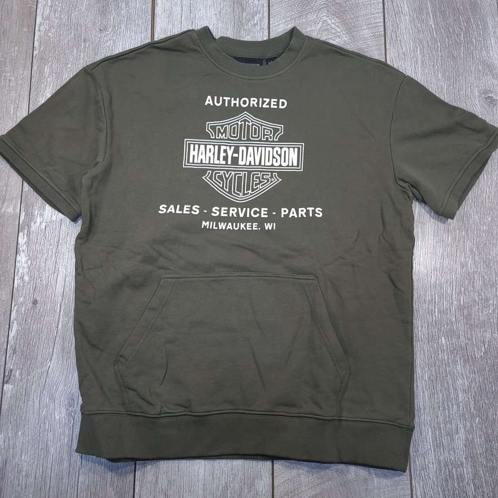 Harley-Davidson Short Sleeve Sweatshirt Mens L Olive Green Graphic Combustion